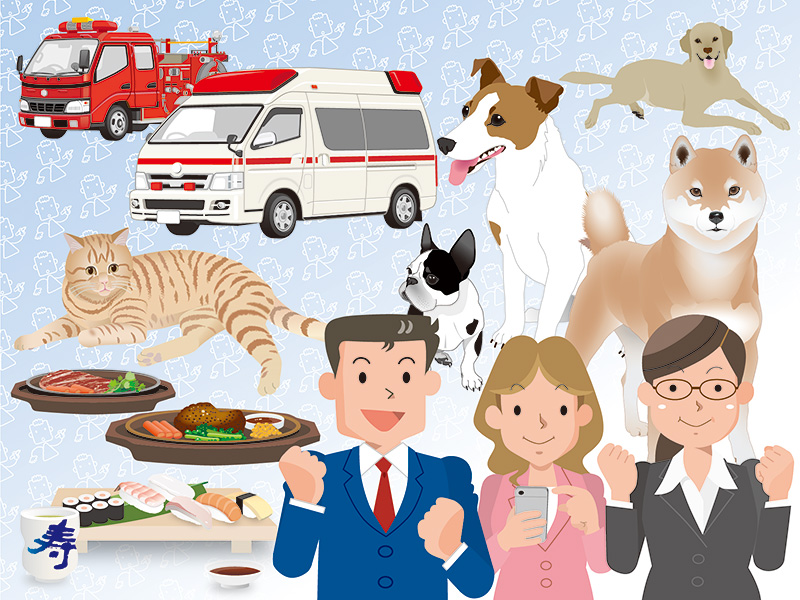 カットショップ・画点イメージ。人物、動物、食べ物、救急車、消防車のイラスト